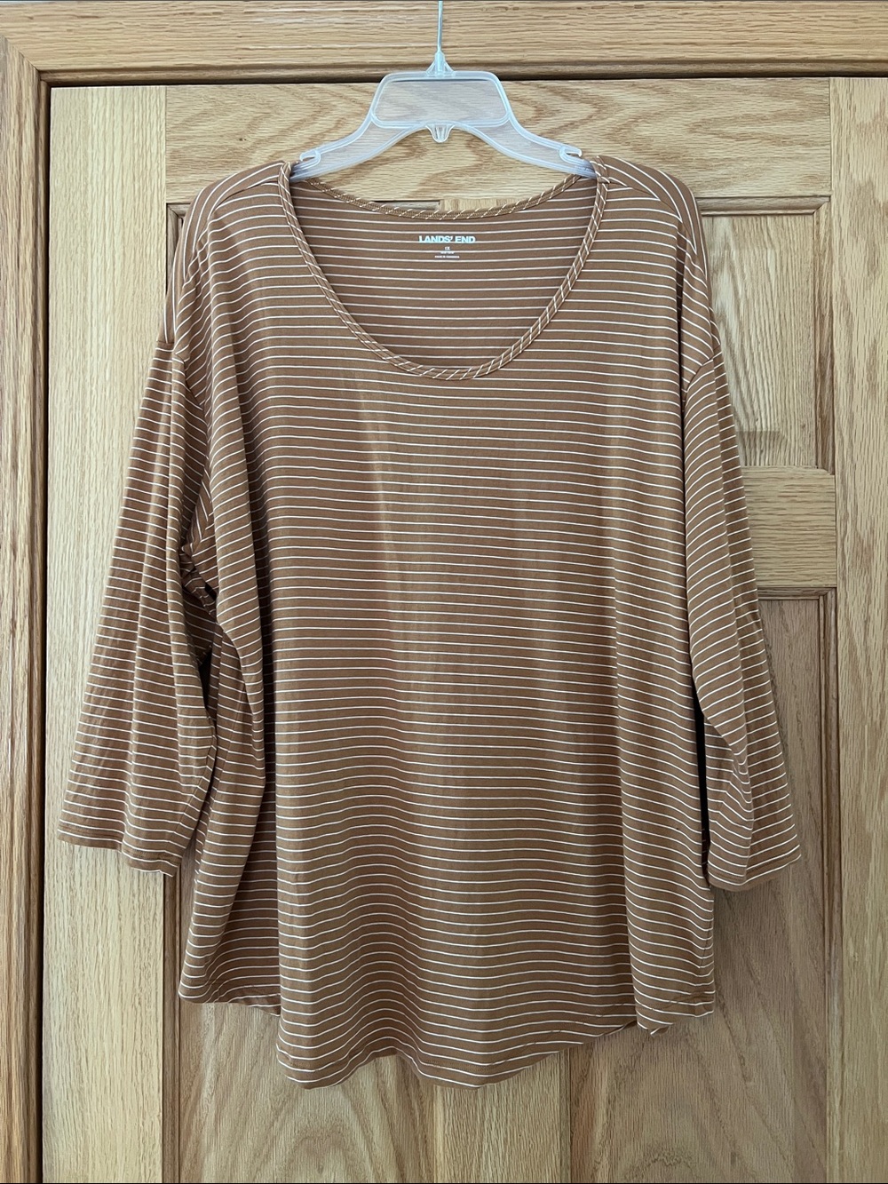 Lands' End Rust Brown and White Striped Scoop Neck 3/4 Length Sleeve Tee